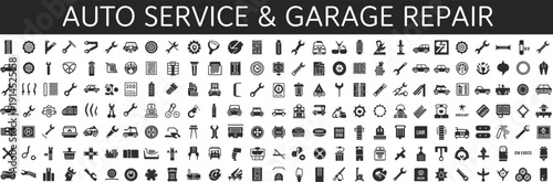 Auto service and garage repair icons set, automotive maintenance tools symbols, car mechanic equipment vector illustration collection design