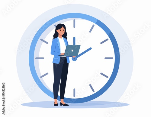Dedicated professional woman efficiently manages her workday with a laptop, symbolizing effective time organization and productivity against a large clock backdrop