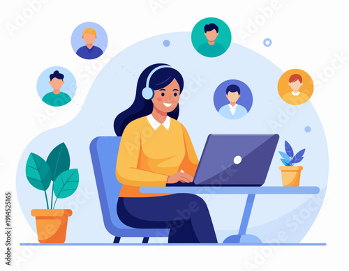 A smiling woman wearing headphones uses her laptop for an online video conference, connecting with her remote team for a virtual meeting