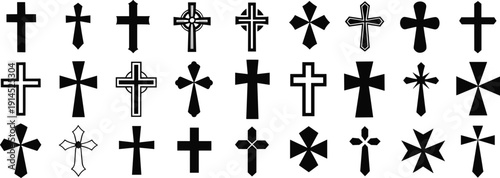 Christian cross icons set, religious symbol collection, black silhouette crucifix shapes vector illustration isolated design