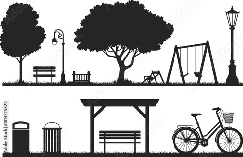 City park silhouette set, urban outdoor landscape with trees benches playground bicycle vector illustration isolated on white background