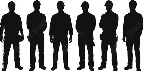 Construction worker silhouettes set with engineers wearing hard hats isolated on white background