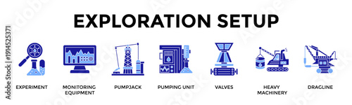 Exploration Setup Icon Set Collection Pack Banner Web Vector Illustration  Concept Containing Experiment, Monitoring Equipment, Pumpjack, Pumping Unit, Valves, Heavy Machinery, Dragline