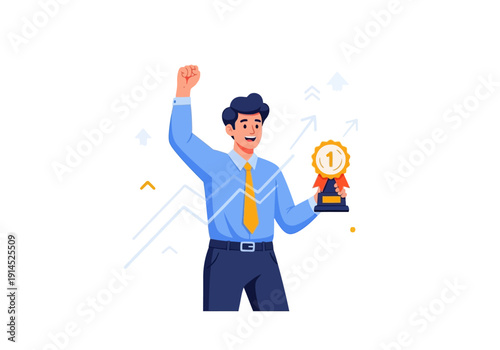 A triumphant man holding a trophy and celebrating with a raised fist in a joyful illustration