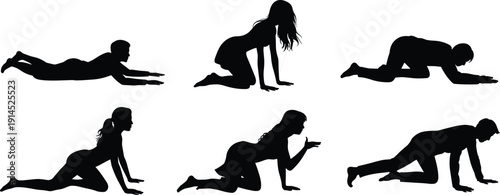 Crawling people silhouettes set, men and women on hands and knees isolated on white background pose collection