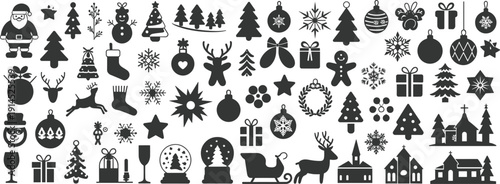 Christmas icons silhouette set, holiday decorations and winter symbols vector collection isolated on white background