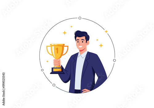 Man celebrating achievement with a trophy in a circular frame surrounded by stars