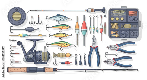 Fishing gear and tackle arranged neatly on a white background showcasing various tools and equipment