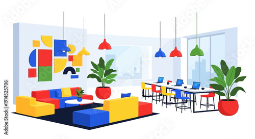 Modern office space with colorful furniture and pendant lights viewed from above