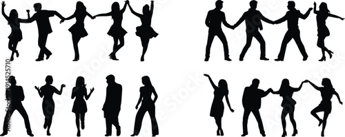 Dancing people silhouettes set, men and women party dance poses isolated on white background celebration lifestyle collection