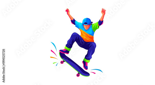 Dynamic skateboarder in mid-air performing a trick with colorful accents
