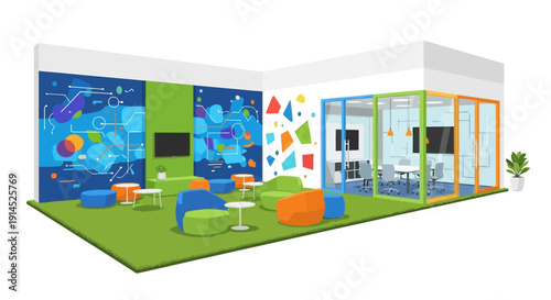 Modern office interior design featuring colorful furniture and vibrant wall decorations from an aerial viewpoint