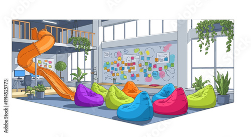 Colorful Lounge Area with Bean Bags and Slide in Modern Interior