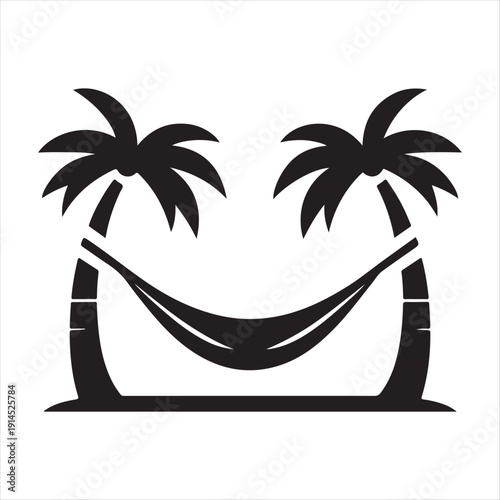 Hammock between palm trees vector silhouette clip art logo design concept illustration