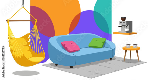 Cozy living room with vibrant furniture and colorful background