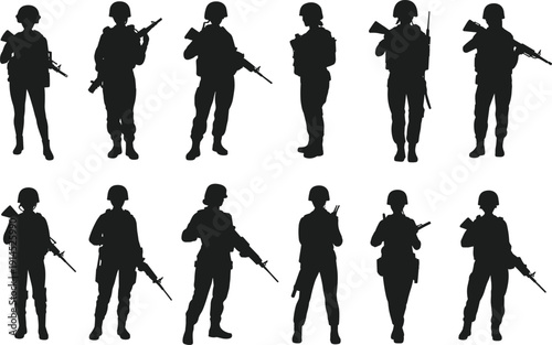 Female soldier silhouettes set, armed military women with rifles in different poses isolated on white background tactical design
