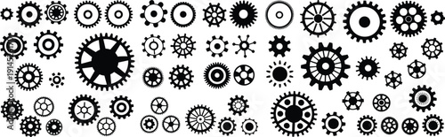 Gear and cogwheel icons set, mechanical engineering industrial machinery symbols, black and white vector illustration collection isolated