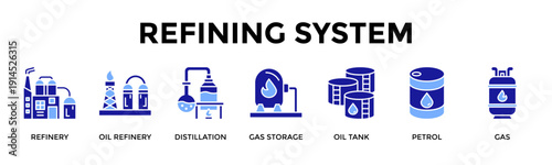 Refining System Icon Set Collection Pack Banner Web Vector Illustration  Concept Containing Refinery, Oil Refinery, Distillation, Gas Storage, Oil Tank, Petrol, Gas