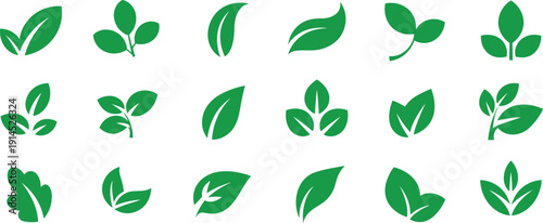 Green leaf icon set featuring eco nature plant symbols isolated on white background vector illustration collection