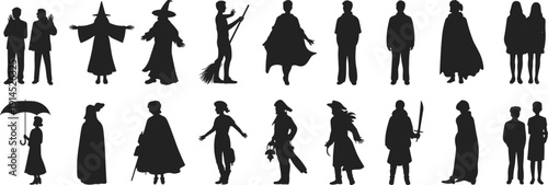 Halloween character silhouettes set, witch vampire superhero pirate spooky people standing isolated on white background for costume design
