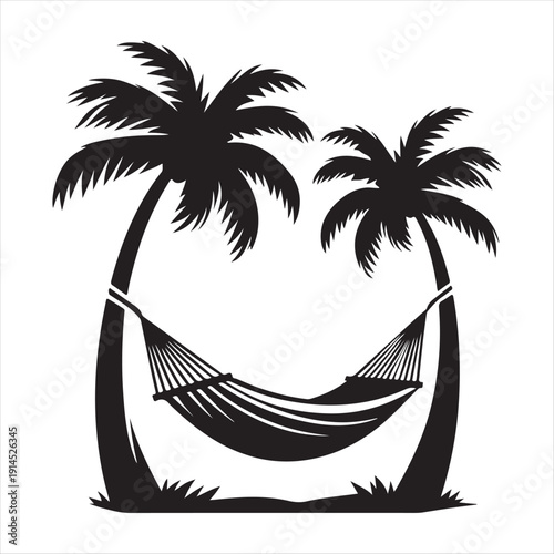 Hammock between palm trees vector silhouette clip art logo design concept illustration