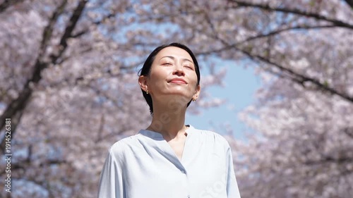 満開の桜と女性　スローモーション