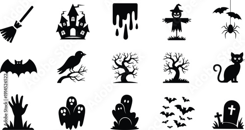 Halloween silhouette icons set, spooky haunted house bat ghost pumpkin graveyard elements isolated on white background