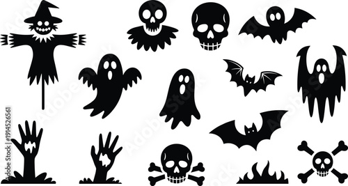 Halloween spooky silhouettes set, ghost bat skull scarecrow zombie hand icons isolated on white background for horror design