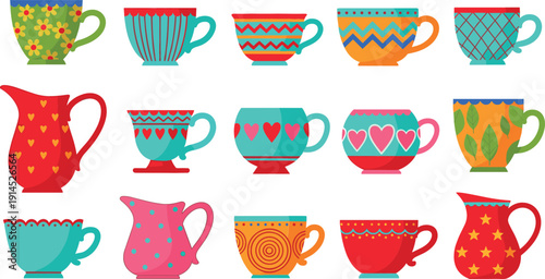 Collection of colorful decorative teacups and ceramic pitchers featuring floral heart star and polka dot patterns for kitchenware