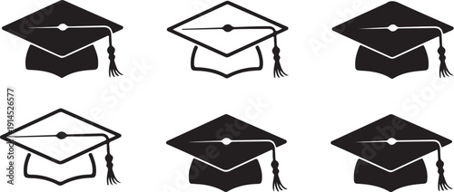 Graduation Ceremony Outline Icon Set Academic Cap, Diploma Scroll, and University Celebration Symbols