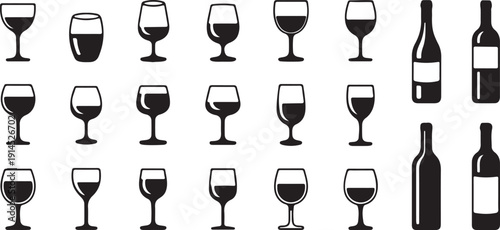 Wine Bottle and Glass Silhouette Elegant Bar Icon Vector