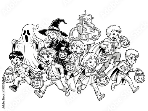 Energetic group of trick or treaters kids