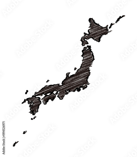 手描き風筆タッチの日本地図 黒塗りシルエットベクター / Hand Drawn Brush Style Japan Map Dark Brown Silhouette Vector