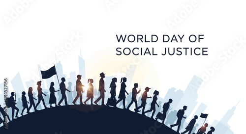 Illustration of diverse people walking together on World Day of Social Justice, promoting Equality, Equity, and Human Rights with a sense of solidarity and empowerment.