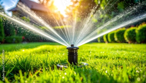 Lawn sprinkler watering green grass during summer sunset