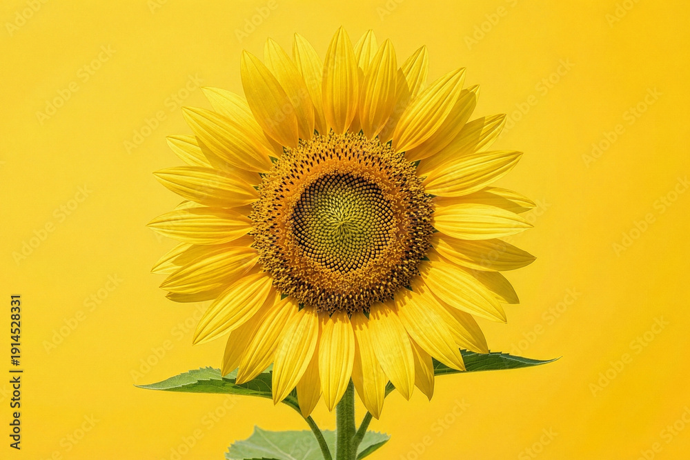 Obraz premium Bright yellow sunflower head centered on yellow background