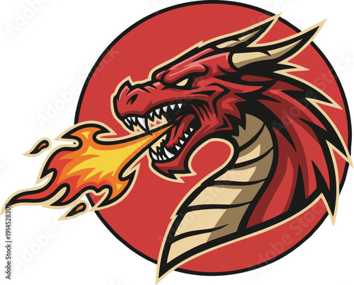 Wallpaper Mural Red Dragon Head Breathing Fire Mascot Logo Vector Emblem, Fierce Fantasy Esports Icon in Circular Badge Torontodigital.ca