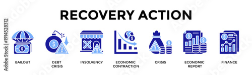 Recovery Action Icon Set Collection Pack Banner Web Vector Illustration  Concept Containing Bailout, Debt Crisis, Insolvency, Economic Contraction, Crisis, Economic Report, Finance