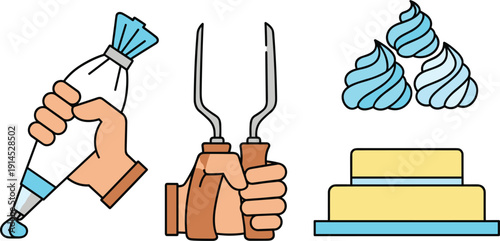Professional cake decorating and baking tools set, colorful vector illustrations with piping bag, offset spatulas, whipped cream swirls and two-tier cake isolated on white background.