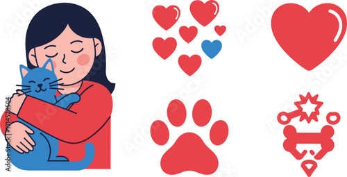 Pet care and animal love icons set, colorful vector illustrations with a girl hugging a blue cat, red heart shapes, paw print and dog bone isolated on white background.