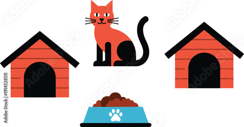 Pet care and cat house icons set, colorful vector illustrations with orange cat sitting, red wooden pet houses and blue food bowl with kibble isolated on white background.