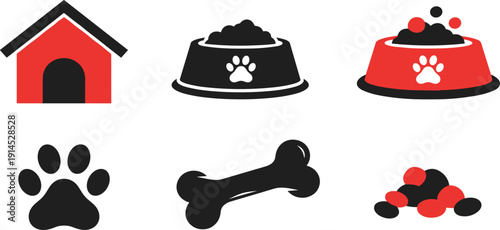 Pet care and feeding essentials set, colorful vector icons with red dog house, black and red food bowls with paw prints, bone and dry kibble isolated on white background.