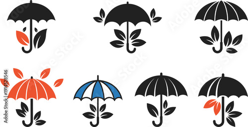 Eco-friendly umbrella and green leaf icons set, vector illustrations with black, red and blue umbrellas protecting sprouts for environmental safety concept isolated on white background.