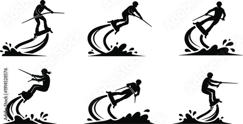 Flyboarding and extreme water sports icons set, black silhouettes of people flying on water jet boards with splashes isolated on white background.