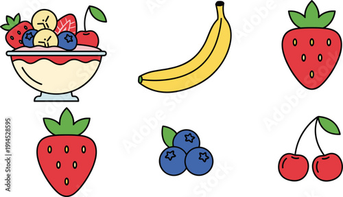 Fresh summer fruit and berry dessert icons set, colorful vector illustrations with fruit salad bowl, banana, strawberries, blueberries and cherries isolated on white background.