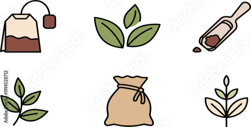 Organic herbal tea preparation icons set, flat vector illustrations with tea bag, loose leaf scoop, dried tea sack and fresh green leaves isolated on white background.