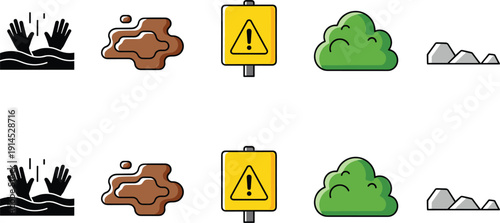 Natural disaster and hazard warning icons set, colorful vector illustrations with drowning hands in water, mudflow, danger caution sign, green bush and grey rocks isolated on white background.