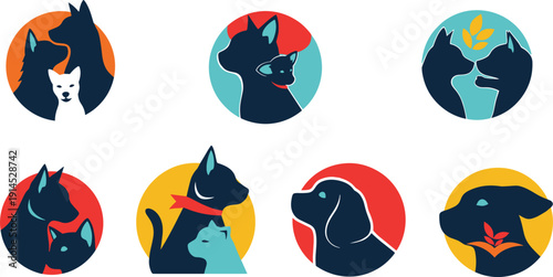 Pet care and animal friendship logo set, colorful vector illustrations with cat and dog silhouettes, mother and baby pet icons, and veterinary clinic symbols isolated on white background.
