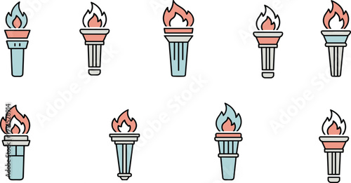 Ancient flaming torch icons set, colorful vector illustrations with various historical hand torches and burning fire flames isolated on white background.