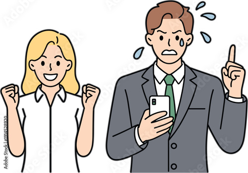 Happy Woman Celebrating Success and Stressed Businessman with Smartphone Showing Warning Gesture Emotional Contrast Flat Vector Illustration